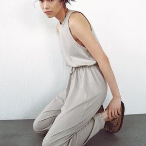 Sleeveless Beige Jumpsuit with Drawstring Waist